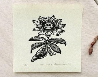 Passiflora Block Print: Botanical Wall Decor, Artisan Yellow Paper
