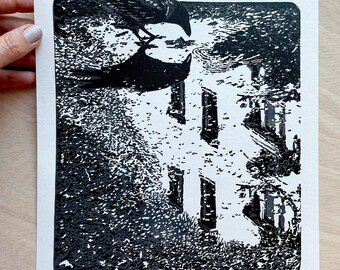 Raven block print. Bird in the city  original hand pulled print