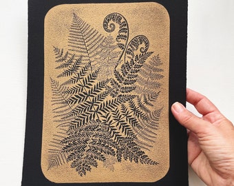 Botanical artwork of a fern composition, gold ink on black paper, original hand printed art