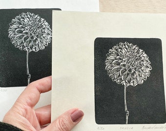 Mini print of a single Dahlia flower, hand pulled linocut print