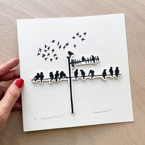 Linocut print of black birds in city, original artwork of birds, diorama art