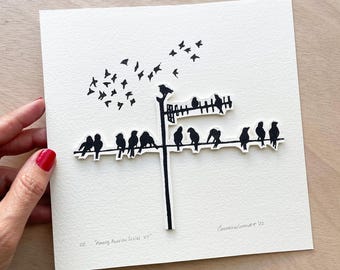 Linocut Print: Black Birds in City Diorama - Hand Pulled Original Artwork