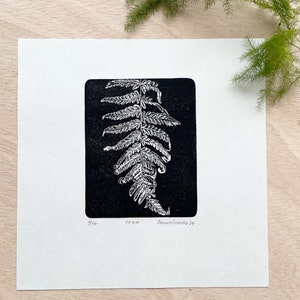 Fern mini print, original hand stamped block print of a mini fern for Botanical wall decor
