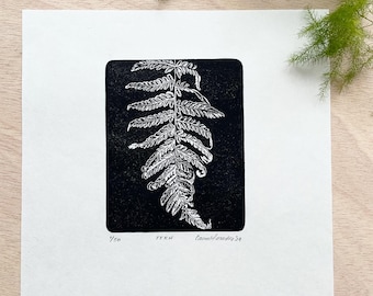 Fern Block Print: Botanical Wall Art, Hand Stamped Mini Print