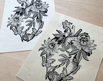 Botanical Human Heart block print with Passiflora and Monarch Butterflies