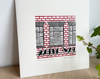 Birds on a Wire Linocut Print: Red Black Architectural Art