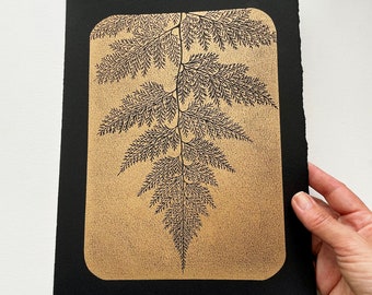 Golden block print of Botanical art, fern leaf printed on black paper, original artwork for wall decor