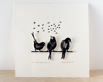 Linocut print of black birds, original artwork of birds, diorama art