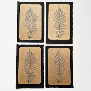 Golden fern leaf mini print, original artwork hand printed on black paper