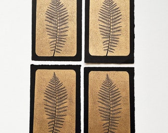 Golden fern leaf mini print, original artwork hand printed on black paper