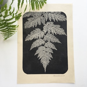 Linocut print of a fern leaf, Botanical artwork, hand pulled block print