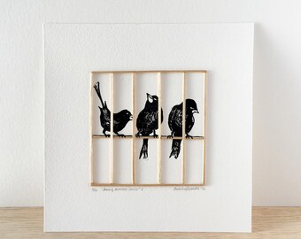 Original Linocut Bird Print with Wood, Three Black Birds Wall Art, Signed Minimalist Artwork