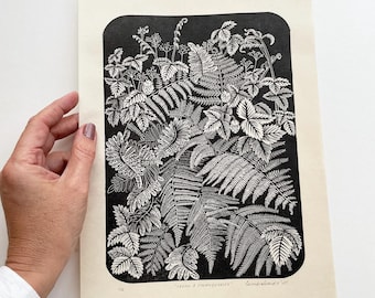 Botanical block print of ferns and strawberries, original print