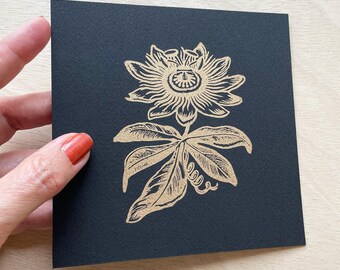 Mini Print of a Passiflora flower, gold ink on black paper. Botanical artwork