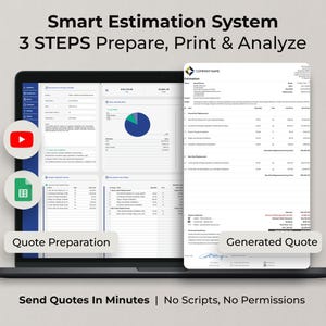 Op de afbeelding: Een laptopscherm toont een slim schattingssysteem met de tekst "Smart Estimation System" en "3 STEPS Prepare, Print & Analyze." Het scherm toont offertevoorbereiding en een gegenereerde offerte. De tekst "Send Quotes In Minutes | No Scripts, No Permissions" is ook zichtbaar.