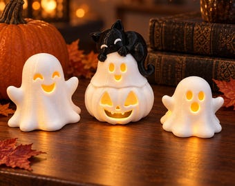 Halloween LED-theelichthouders set van 3, met spookjes, een pompoen en een zwarte kat, 3D-geprinte decoratie