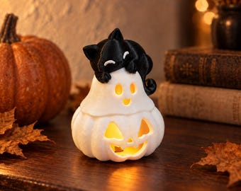 Midnight Friends – LED-theelichthouder met spookje, pompoen en zwarte kat