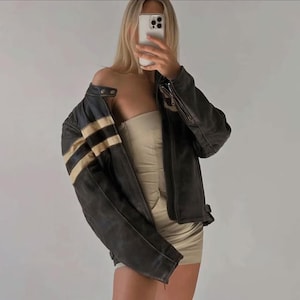 90&#39;s Women Vintage Oversized Straight Jacket Ladies Oversized Leather Jacket Ladies Bomber Jackets Leather Jacket Best Gift For Her