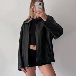 Vintage Black Leather Jacket 90s Oversized Genuine Leather Jacket Outerwear Gift For Here Ladies Soft Leather Jacket Fast Shipping