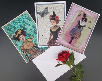 Handmade 3D Greeting Cards, Vintage Gothic Women Art, Mystical Collage Design, Artistic Scrapbook Style Cards, 3-Piece Set, Witchy Dolls Set