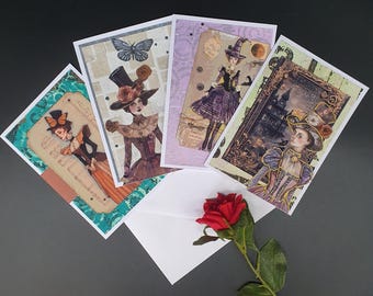 Handmade 3D Greeting Cards, Vintage Gothic Women Art, Mystical Collage Design, Artistic Scrapbook Style Cards, 4-Piece Set, Witchy Dolls Set