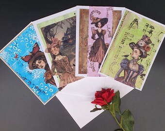 Handmade 3D Gothic Collage Greeting Cards, Vintage Witch Art, Mystical Collage Design, Scrapbook Style Cards, 4-Piece Set, Witchy Dolls Set