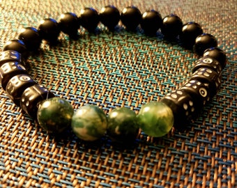 Black & Dark Green Marble Men's Beaded Stretch Bracelet