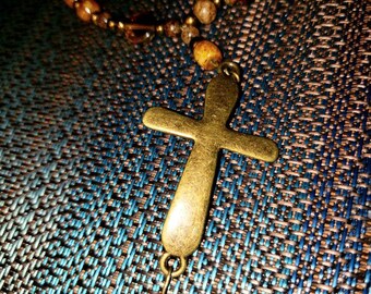 Bronze Metal & Brown Beaded Cross Beauty