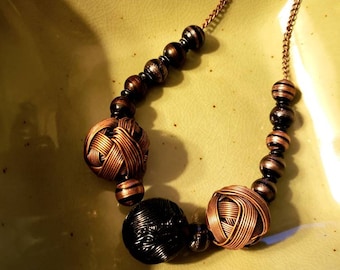 Stunning Copper & Black Wire and Beaded Necklace