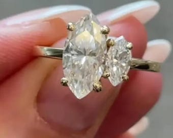 Toi Et Moi Engagement Ring, Marquise Cut Moissanite Wedding Ring, 2 Stone Vintage Style Promise Ring for Her Anniversary Gift For Women