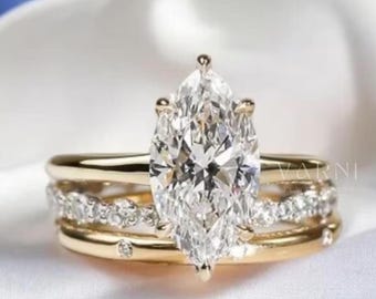 Unique Marquise Moissanite Engagement Ring Set 14K Yellow Gold Wedding Ring With Matching Round Diamond Band Vintage Style Trio Bridal Ring