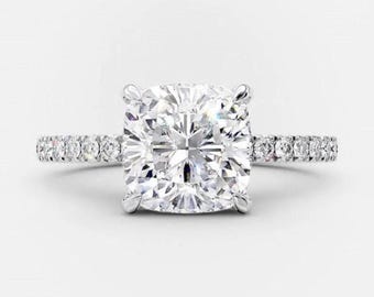 3 CT Cushion Cut Moissanite Hidden Halo Engagement Ring White Gold Wedding Ring For Bride Unique Half Eternity Pave Anniversary Gift For Her