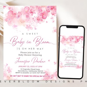 Editable Pink Floral Baby in Bloom Invitation, Baby Shower Invitation, Girl Floral Baby Shower Invite, Pink Floral Shower Invite, BSG14