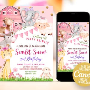 Faire-part d'anniversaire fille de ferme rose animaux de la ferme fête animaux de la basse-cour Ranch Invitation d'anniversaire pour enfants 5 x 7 invitation modèle toile EBD17