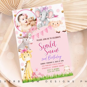 Farm Birthday Party Invitations, Pink Farm Animals Party, Barnyard Animals Ranch Kids Birthday Invitation, Invitation Canva Template EBD16