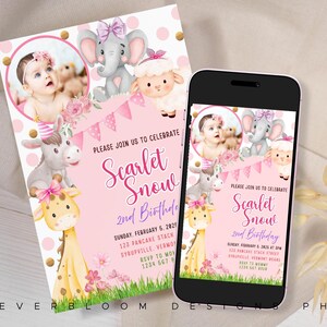 Faire-part d'anniversaire fille de ferme rose animaux de la ferme fête animaux de la basse-cour Ranch Invitation d'anniversaire pour enfants 5 x 7 invitation modèle toile EBD16