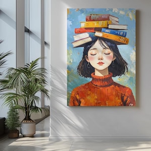 Girl with Book Hat – Whimsical Wall Art, Cozy Reading Poster, Printable Literary Decor, Bookish Woman Illustration, Boho Art Print