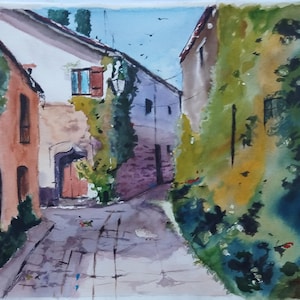 Watercolor, Original watercolor, Landscape watercolor, Rustic landscape watercolor, Street watercolor, Town street watercolor