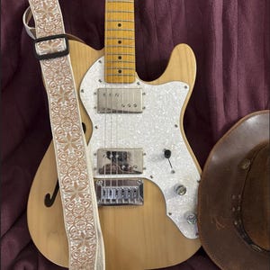 Woven Guitar Strap with Double Leather Ends – Comfortable Adjustable Strap with Bonus Picks, Strap Locks & Button (Khaki Yellow Embroidery)