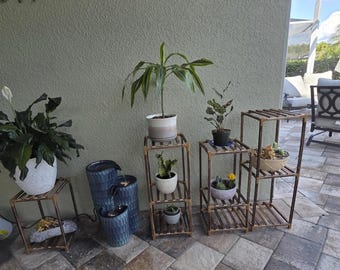 Modulaire houten plantenstandaardset van 4 stuks – Bloemenrek voor binnen en buiten, geschikt voor meerdere planten, doe-het-zelf houten plantenhouder voor vensterbank of balkon