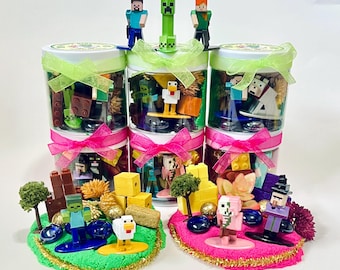 Minecraft Inspired Party Favors, Chicken Jockey Play Dough Jar, Personalized Gamer Birthday Favors, Creeper Sensory Jar, Pixel Miner Party