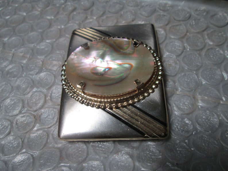 Unisex Small Silver Look Gold Accent Dress Belt Buckle MOP Mother Of Pearl
