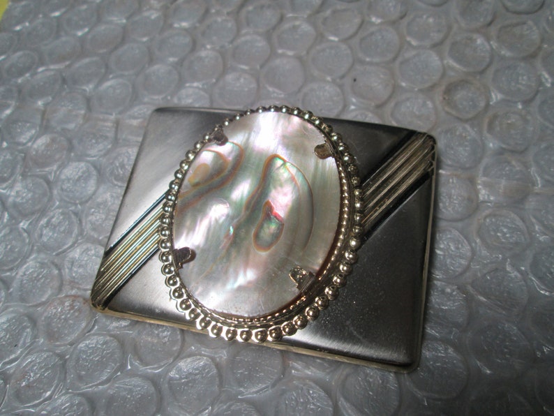 Unisex Small Silver Look Gold Accent Dress Belt Buckle MOP Mother Of Pearl
