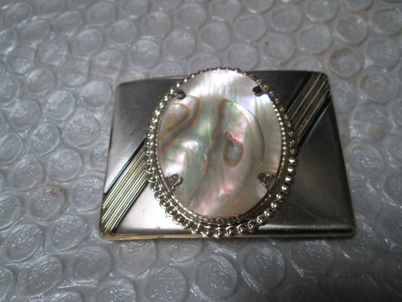 Unisex Small Silver Look Gold Accent Dress Belt Buckle MOP Mother Of Pearl