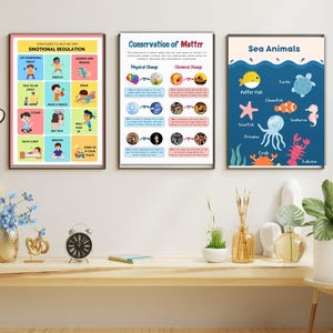 Conjunto de 12 carteles educativos para niños: gráficos de aprendizaje imprimibles para la rutina diaria, el clima, las partes del cuerpo, la fotosíntesis y más.