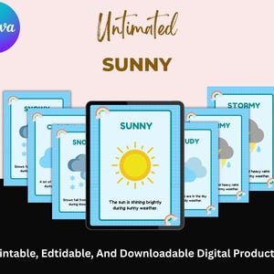 May include: A digital product featuring weather flashcards. Each card has a blue border and a weather illustration, such as a sun, cloud, or rain. The word "SUNNY" is displayed on one card, with the text "The sun is shining brightly during sunny weather."