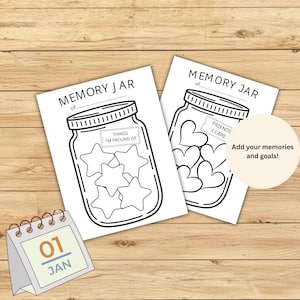 Pode incluir: Duas impressões brancas de Memory Jar com ilustrações de jarros, uma cheia de estrelas e outra de corações. O texto inclui "Memory Jar of...", "Things I'm Proud Of" e "Friends I Care". Um pequeno calendário mostra "01 JAN".
