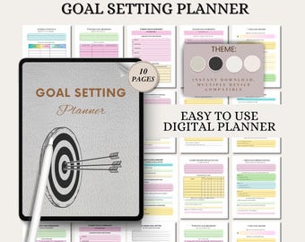 May include: A digital goal setting planner with a light gray cover featuring a target and arrows design. The planner includes 10 pages and is easy to use. The theme is compatible with multiple devices and is an instant download.