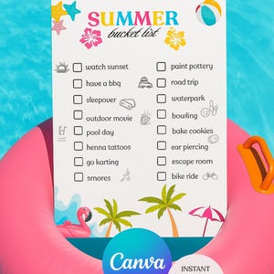 Könnte beinhalten: Eine druckbare Sommer-Bucket-Liste mit einem rosa Flamingo-Schwimmer in einem Pool. Die Liste enthält Aktivitäten wie Sonnenuntergänge beobachten, Grillen und Wasserparks besuchen. Das Canva-Logo ist sichtbar.