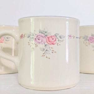 Vintage 1980&#39;s Pfaltzgraff &quot;Trousseau Roses&quot; Mugs/Cups, Purple and Pink Roses Sage Leaves Taupe Seeds, on Eggshell w Sage Trim. Set of 3.
